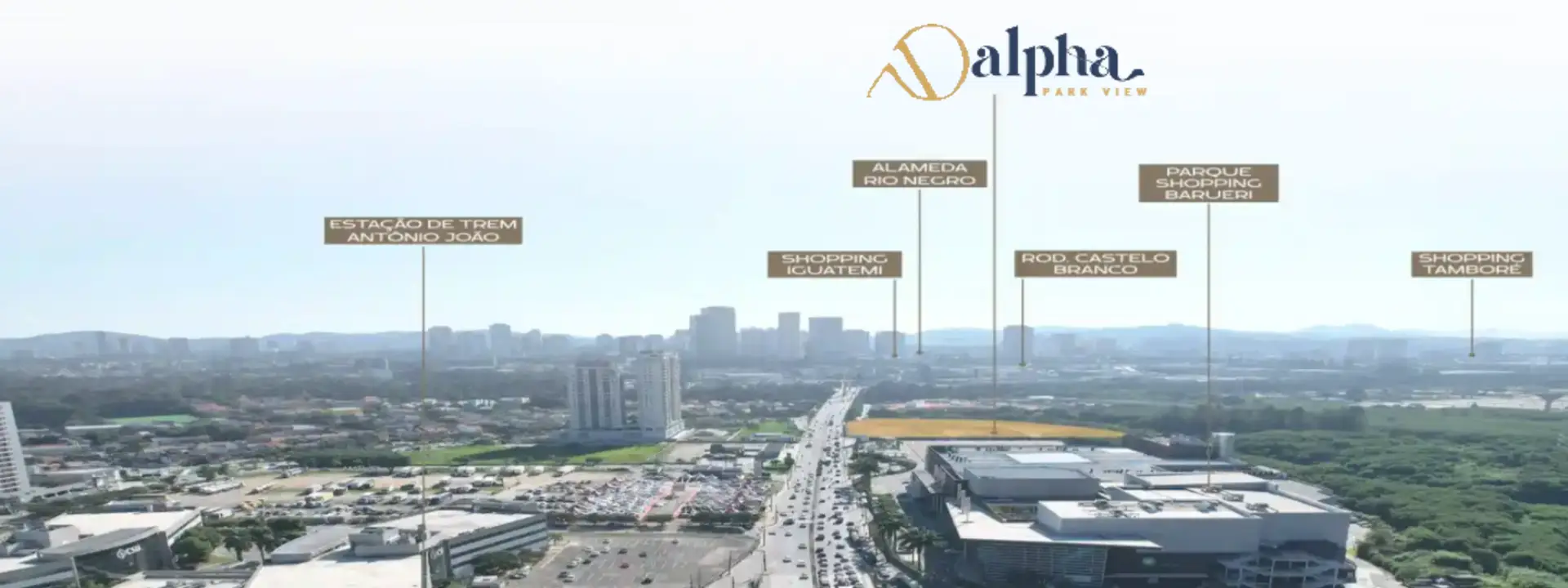 Mapa de localização do Alpha Park View mostrando proximidade com Parque Shopping, estação Antonio João e rodovia Castelo Branco